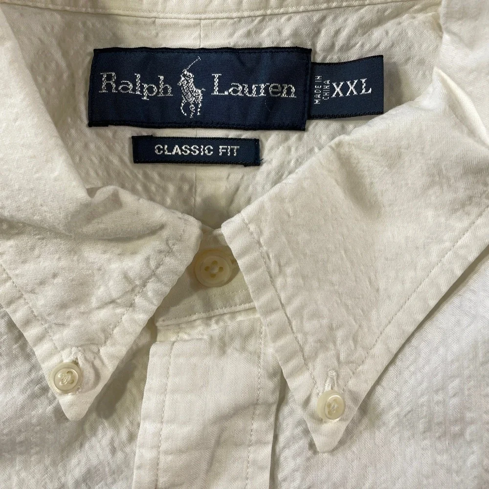 Ralph Lauren Seersucker Shirt Mens XXL White Button Classic Fit Summer Beach